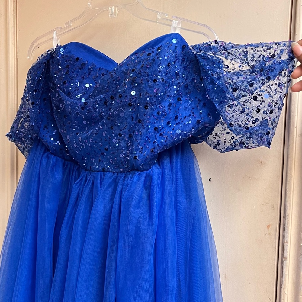 Blue Sequin and Tulle Off-the-shoulder Prom Dress